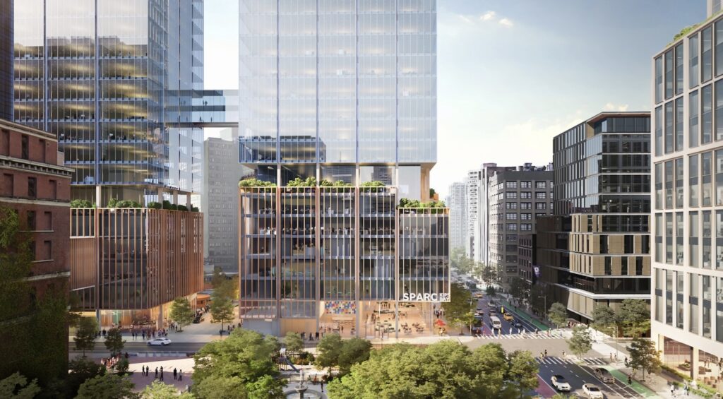 Rendering of SPARC Kips Bay with Innovation East at right, looking south from Bellevue Hospital on First Avenue near 27th Street, via edc.nyc